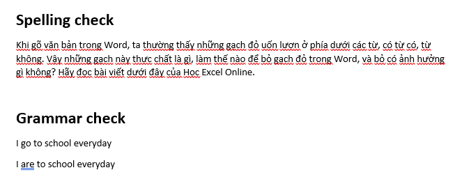 alt text: Ví dụ về gạch xanh trong Word, biểu thị lỗi ngữ pháp