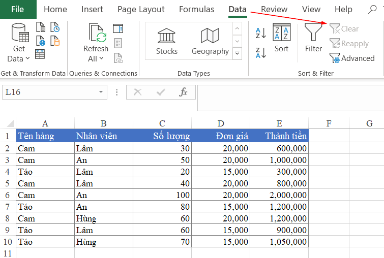 Bỏ lọc Advanced Filter