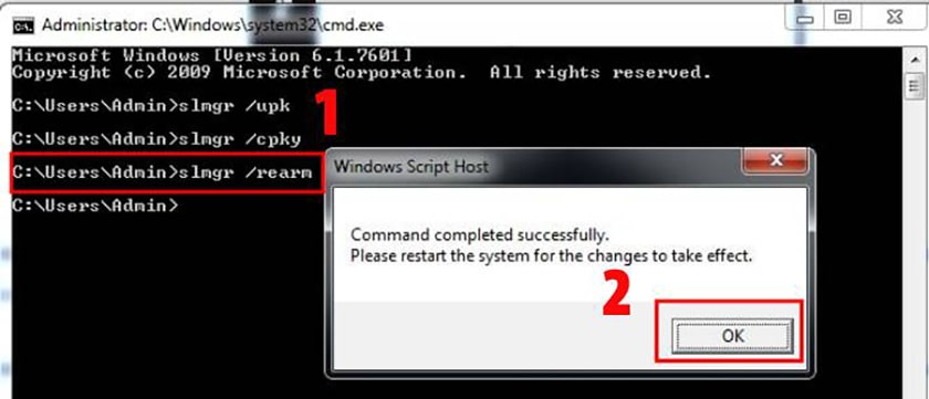 Nhập lệnh slmgr /rearm