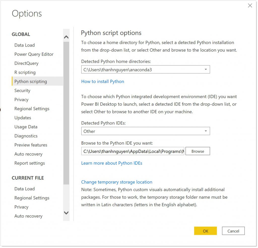 Thiết lập đường dẫn Python trong Power BI