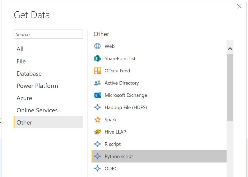 Chọn Python Script trong Power BI