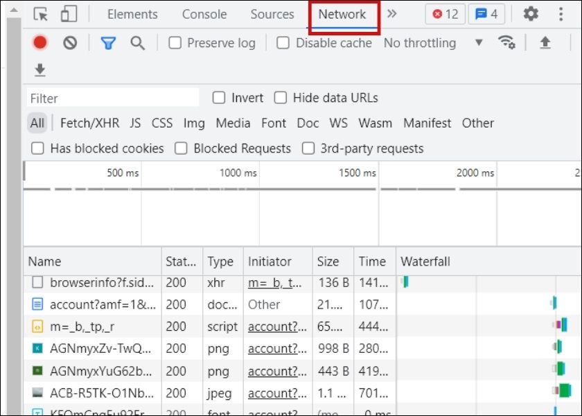Chọn tab Network trong Inspect