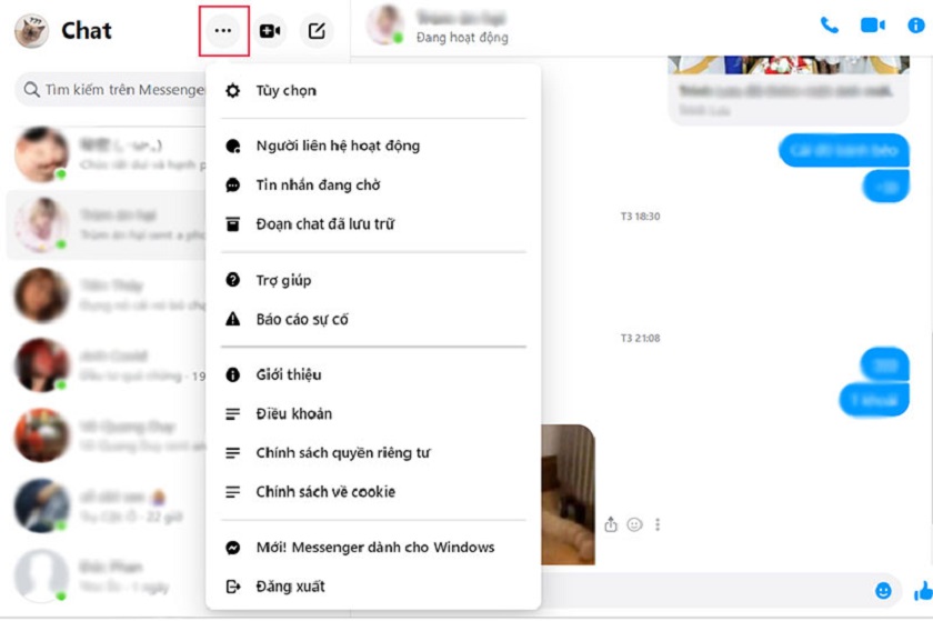 Tùy chọn cài đặt trong Messenger trên web
