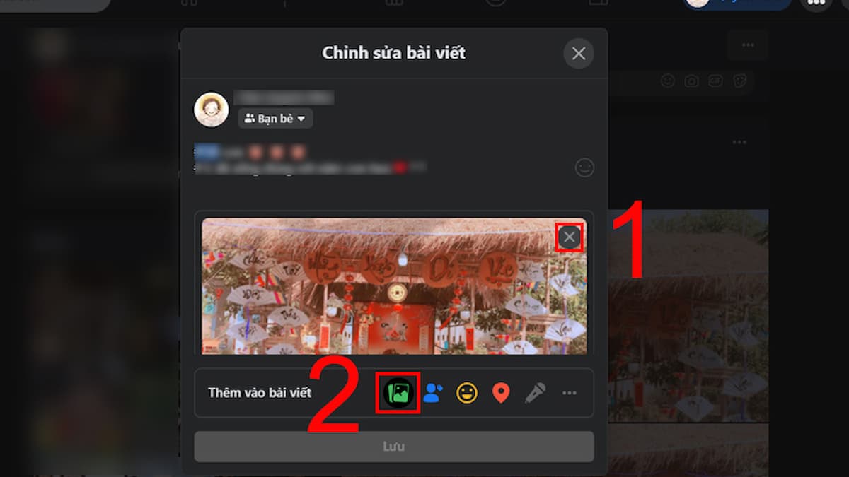 Nhấp vào dấu “X” ở góc phải hình ảnh. Nhấn vào biểu tượng “ảnh/video”