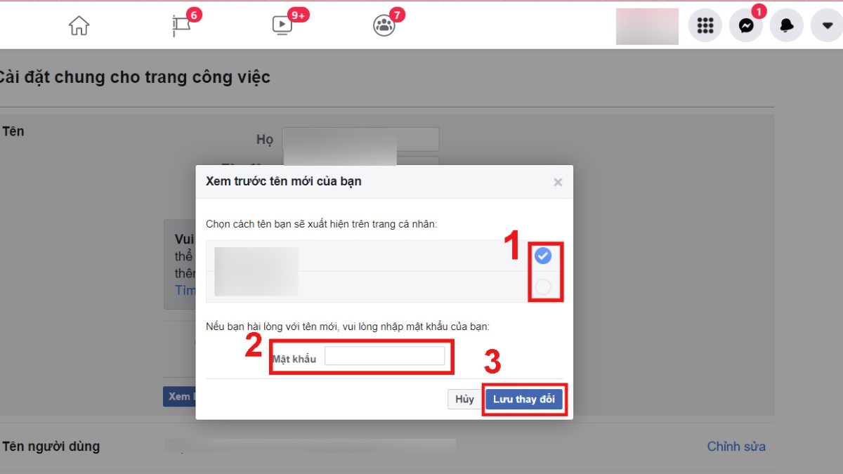 Lưu thay đổi tên Facebook trên máy tính
