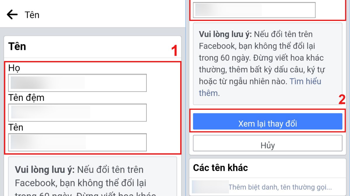 Xem lại thay đổi tên Facebook