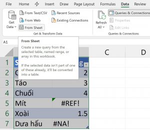 Selecting the From Sheet option in the Excel Data tab to launch Power Query