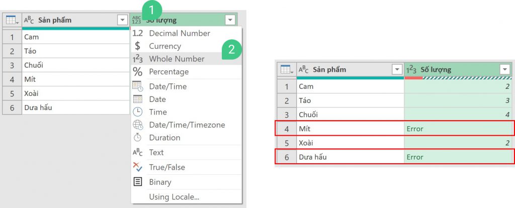 Data table showing Error values in rows 4 and 6 after changing data type