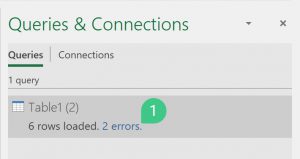 The Queries and Connections pane in Excel highlighting the error count link