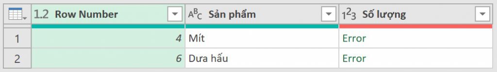 A new query window generated by Excel showing only the rows containing errors