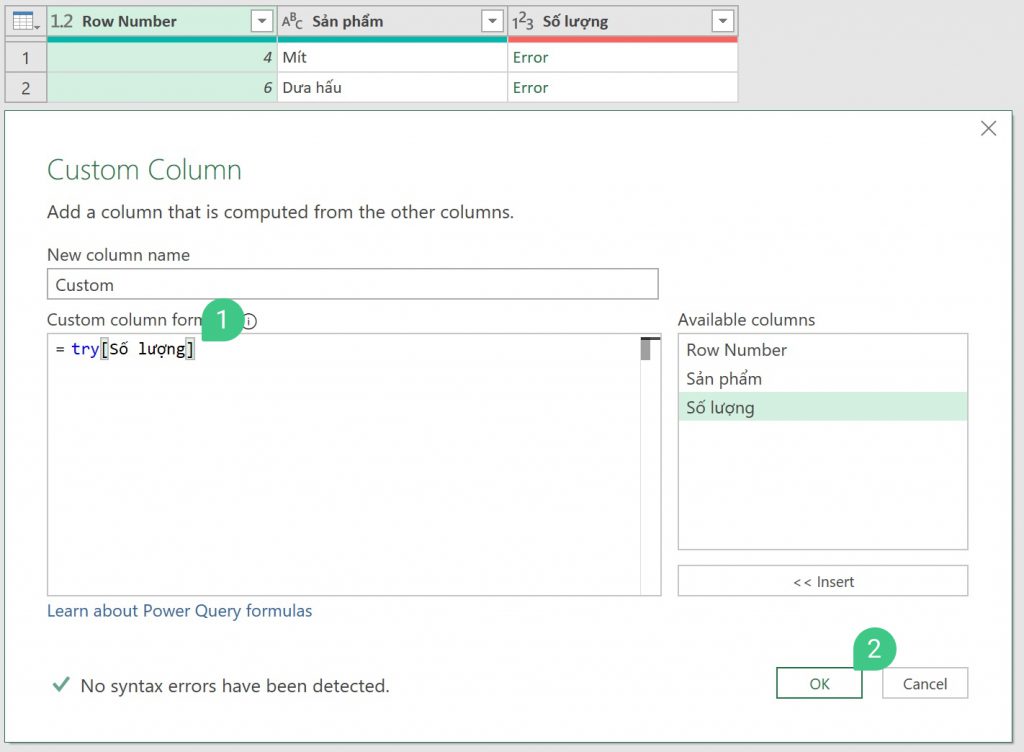 Custom Column dialog box in Power Query showing the try formula input