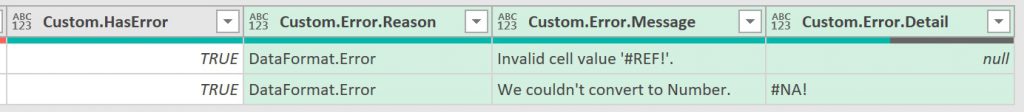 Expanded custom column showing detailed error reasons messages and details