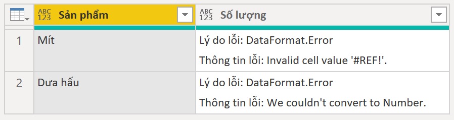 Power BI data table showing detailed error messages generated by the custom function