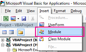 Menu selection for inserting a new module in the Excel VBA editor