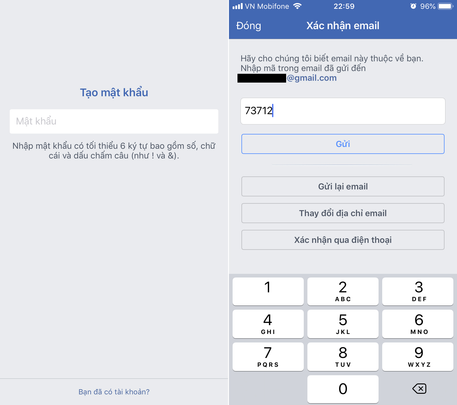 Cách lập Facebook trên điện thoại - Nhập mã xác nhận