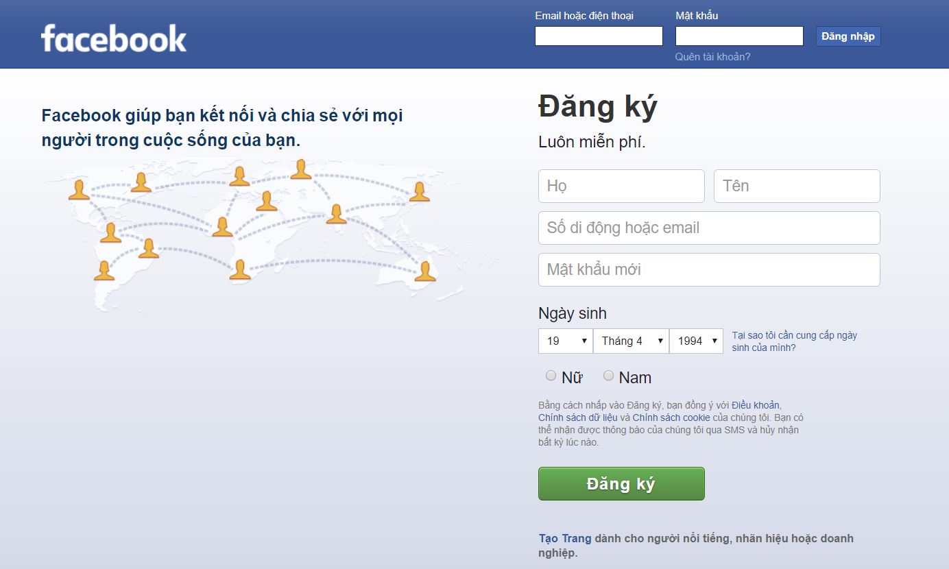 Cách lập Facebook trên máy tính - Giao diện đăng ký