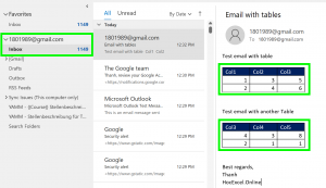 Minh họa email Outlook chứa bảng dữ liệu
