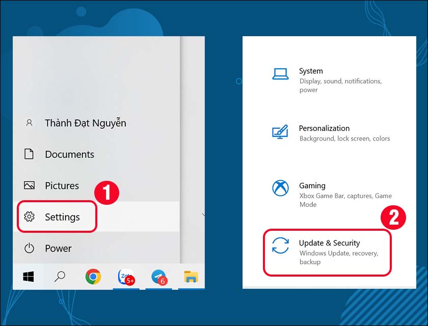 Truy cập vào Menu Start, chọn Cài đặt