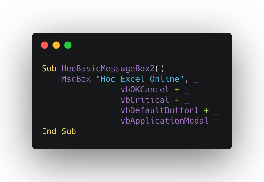 MsgBox trong VBA Excel với nút OK và Cancel, biểu tượng cảnh báo