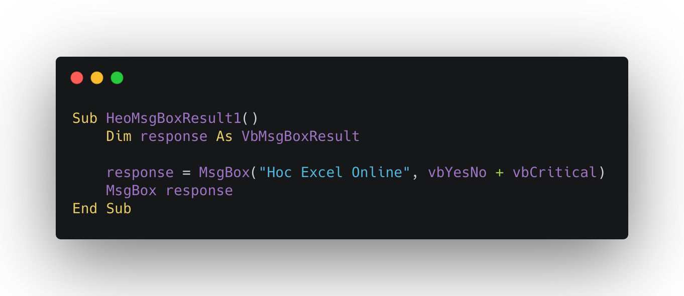 Code kiểm tra lựa chọn của người dùng trên MsgBox trong VBA Excel