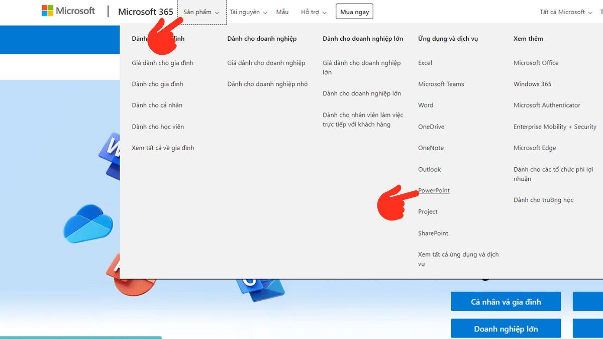Lựa chọn PowerPoint trên trang Microsoft