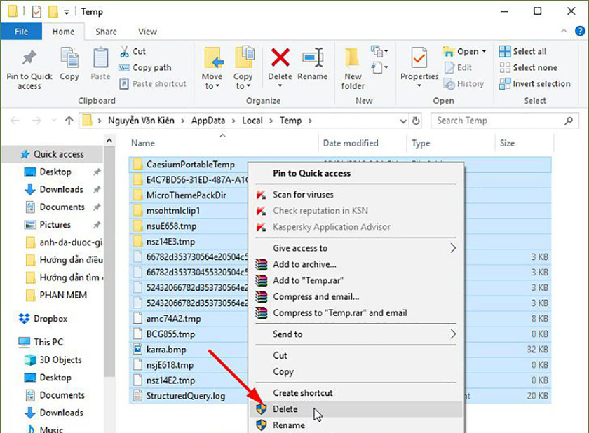 Xóa thư mục bằng menu chuột phải