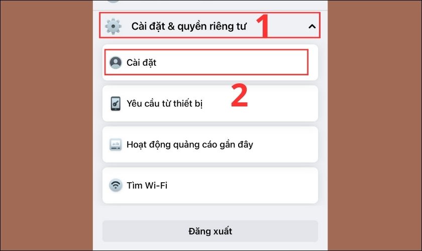 Chọn cài đặt trên Facebook