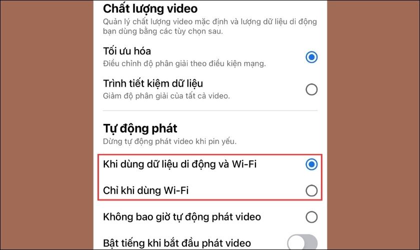 Lựa chọn cài đặt tự động phát video
