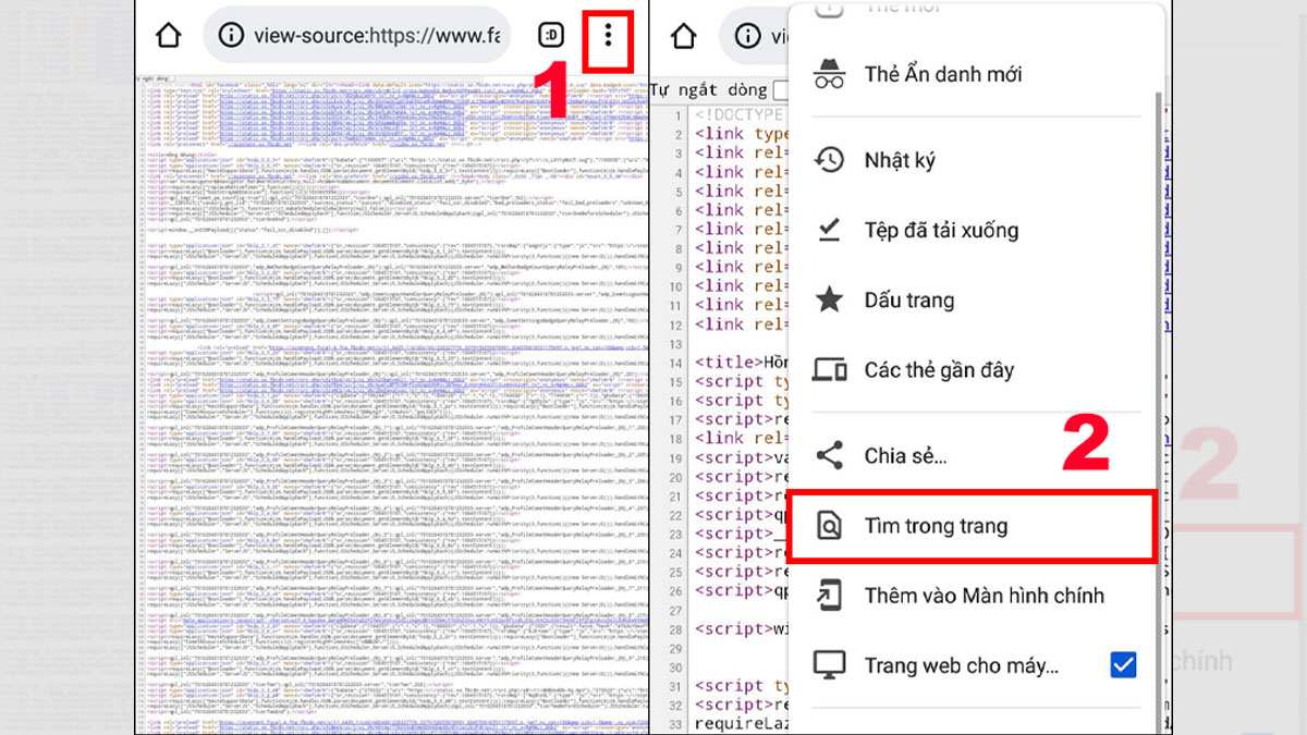 Tìm kiếm trong mã nguồn trang Facebook