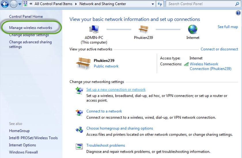 Giao diện Open Network and Sharing Center trên Windows 7