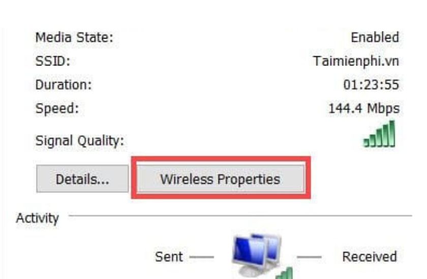 Wireless Properties trong WiFi Status trên Windows 10