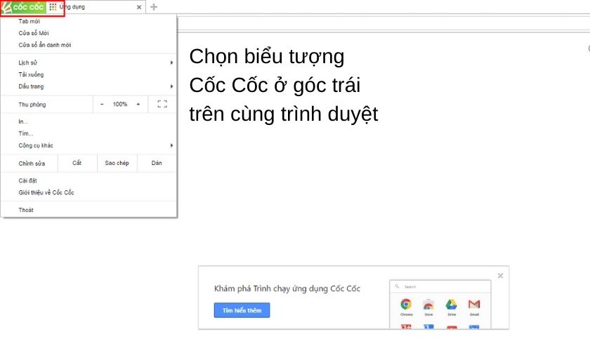 Mở menu Cốc Cốc