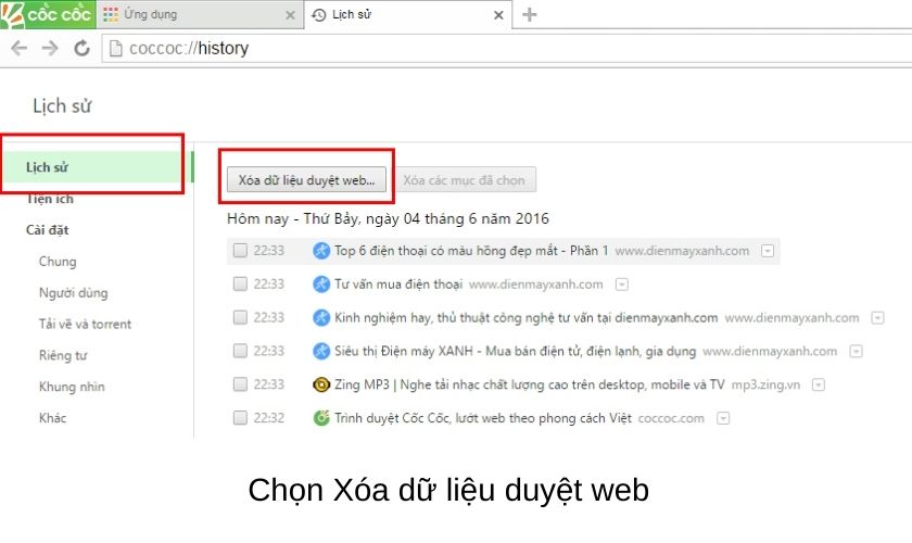 Xóa lịch sử duyệt web Cốc Cốc