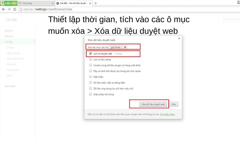 Tùy chọn xóa lịch sử Cốc Cốc
