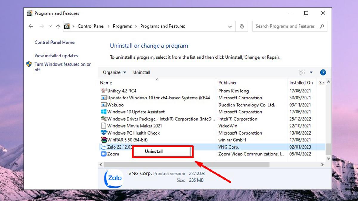 Danh sách chương trình trong Control Panel