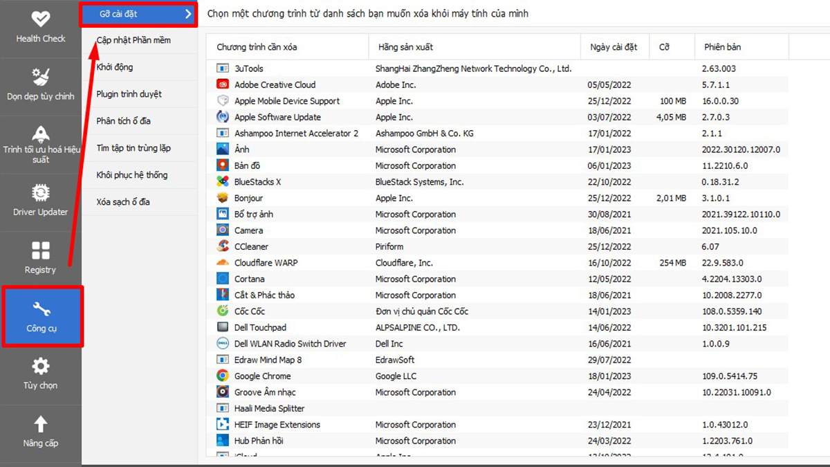 Gỡ cài đặt bằng CCleaner