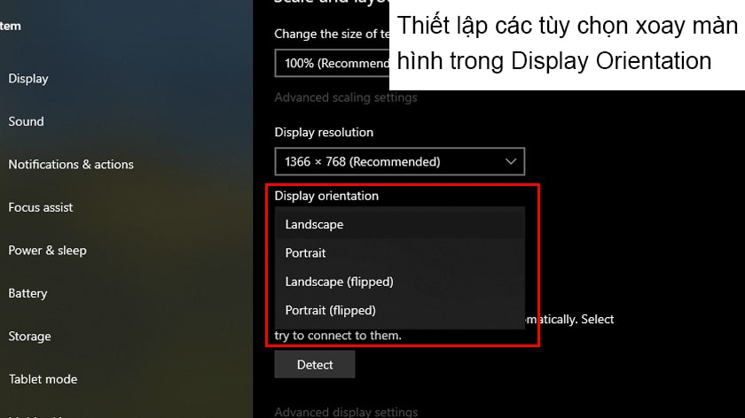 Cài đặt xoay màn hình trong Display Settings