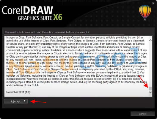 Đồng ý điều khoản Corel X6