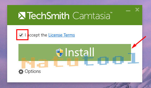 Giao diện cài đặt Camtasia 9, tích chọn đồng ý điều khoản và nhấn Install
