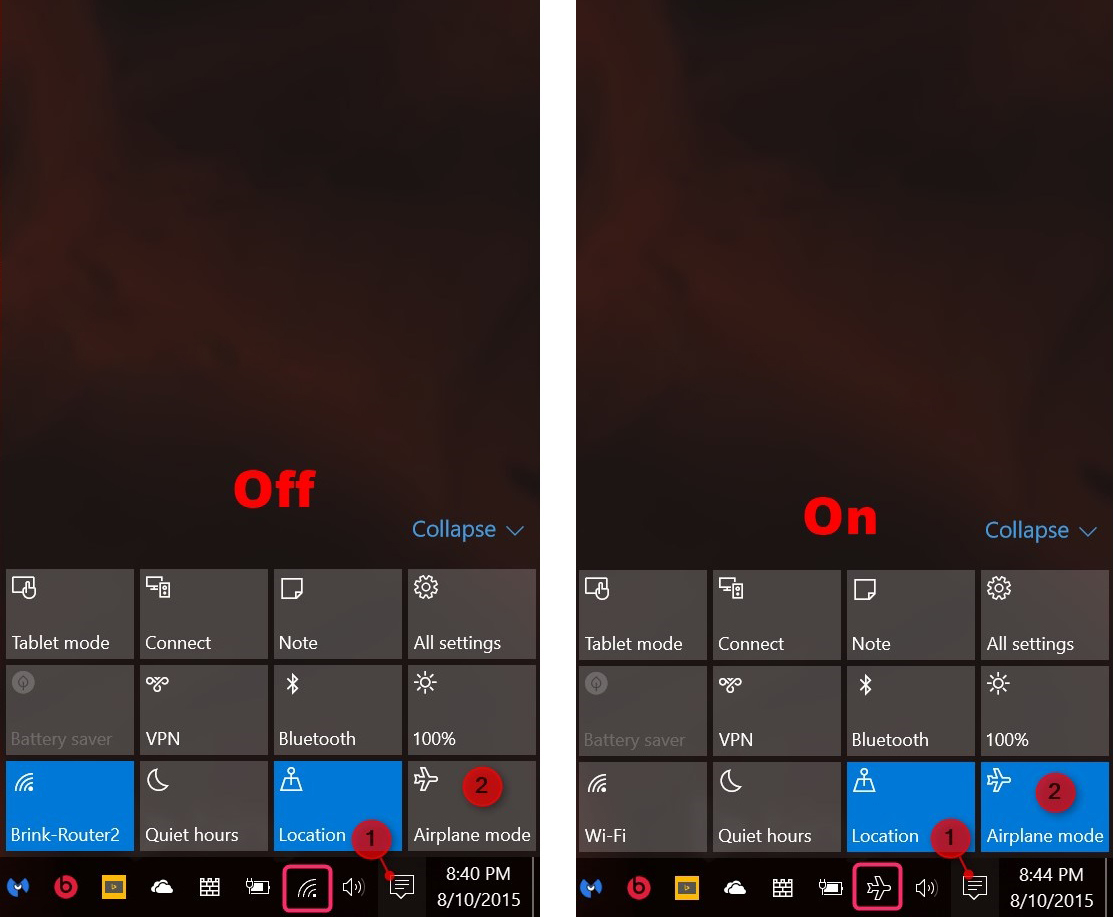 Cách 1: Tắt hoặc bật từ Action Center