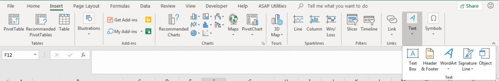 Screenshot of the Insert tab in Excel highlighting the Header & Footer option