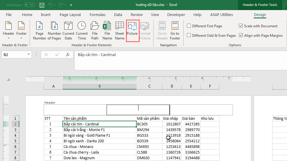 The Design tab in Excel showing the Picture button within Header & Footer Elements