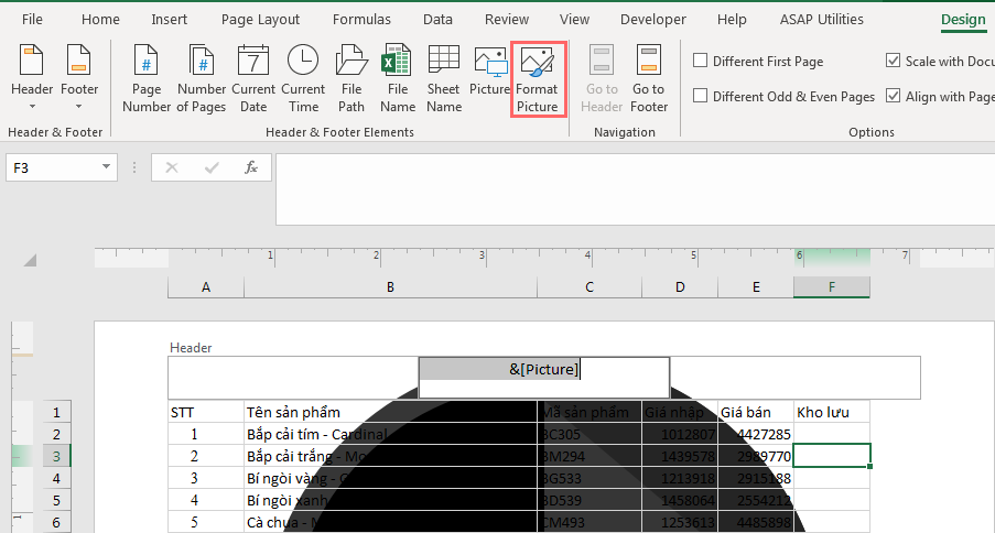 The Format Picture button located in the Header & Footer Elements group