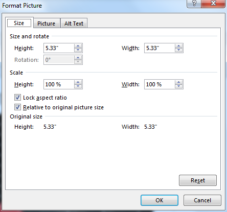The Size tab within the Format Picture dialog box showing dimension options
