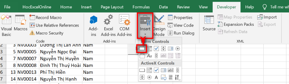 Chèn nút bấm trong Excel