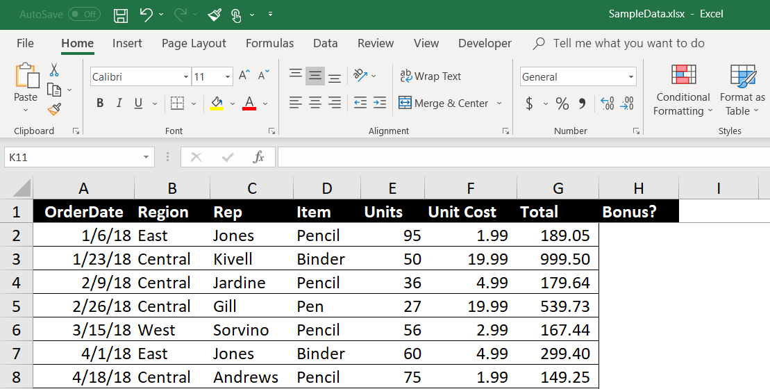 Excel dataset showing Region and Bonus columns before filtering