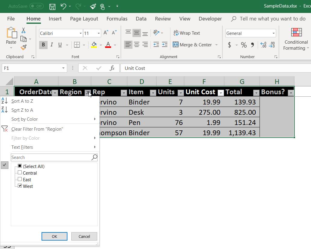 Excel filter menu selecting only the West region
