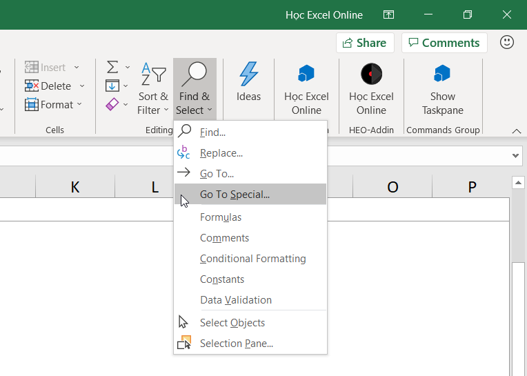 Navigating to the Find and Select menu in the Excel Home tab