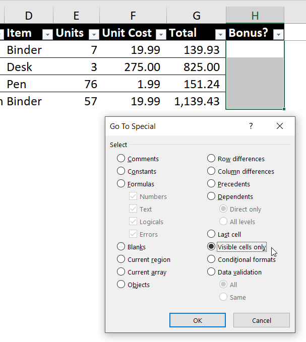 Go To Special dialog box with Visible cells only option selected