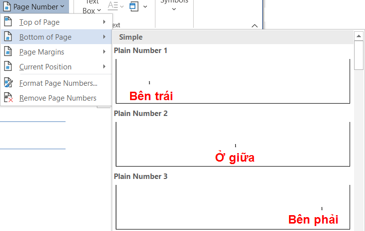 alt: Các tùy chọn vị trí đặt số trang trong Word